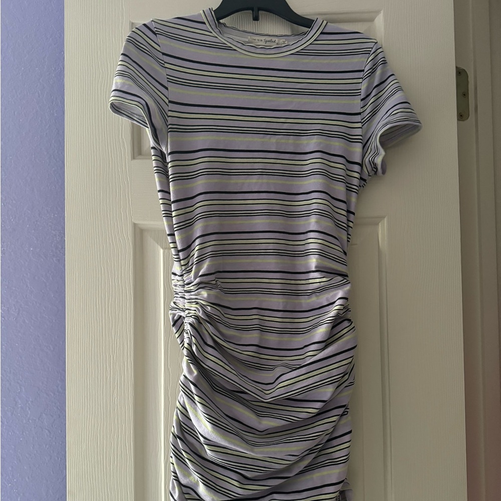 purple and green striped body-con dress